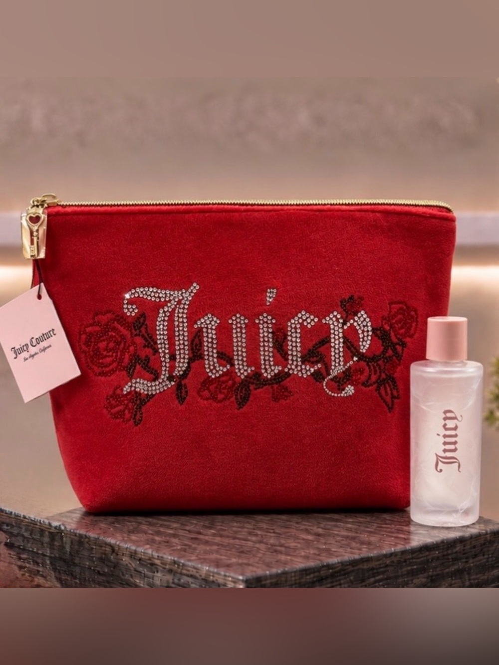 Juicy Couture Red Velour Rhinestone 'Juicy' Floral Makeup Bag
